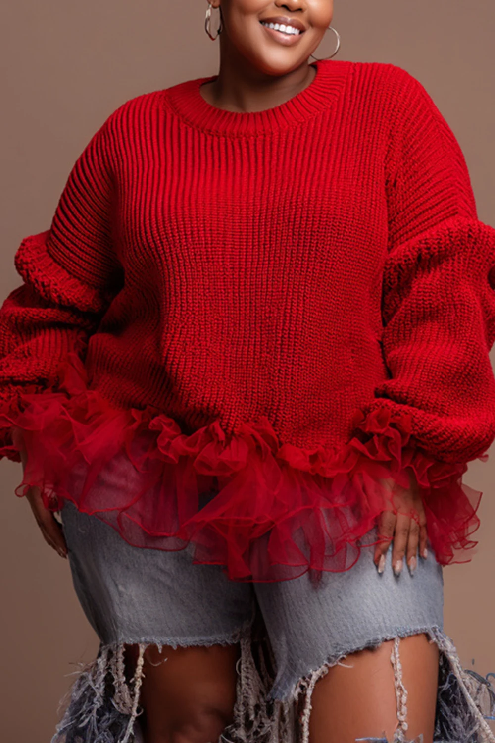 Plus Size Christmas Red Round Neck Long Sleeve Ruffle Casual Contrast Crochet Sweaters