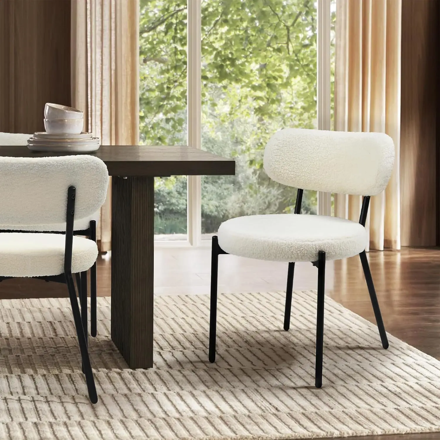 식탁 의자 4개 세트, 부클 천으로 장식됨, 현대적인 스칸디나비아 디자인, 흰색