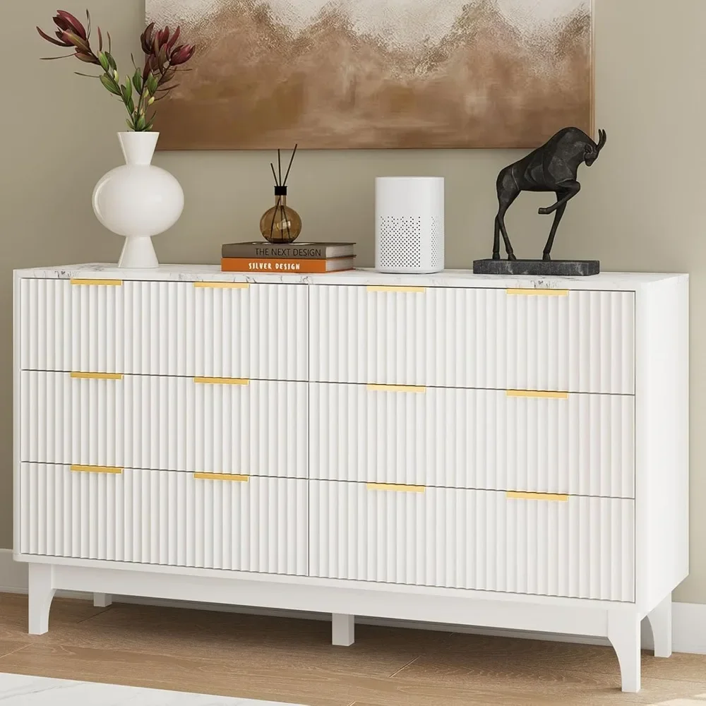 

Fluted Dresser for Bedroom, 54" Wide White 6 Drawer Dresser with Faux Marble Top and Gold Handle, Wood Large Chest of Drawer fo