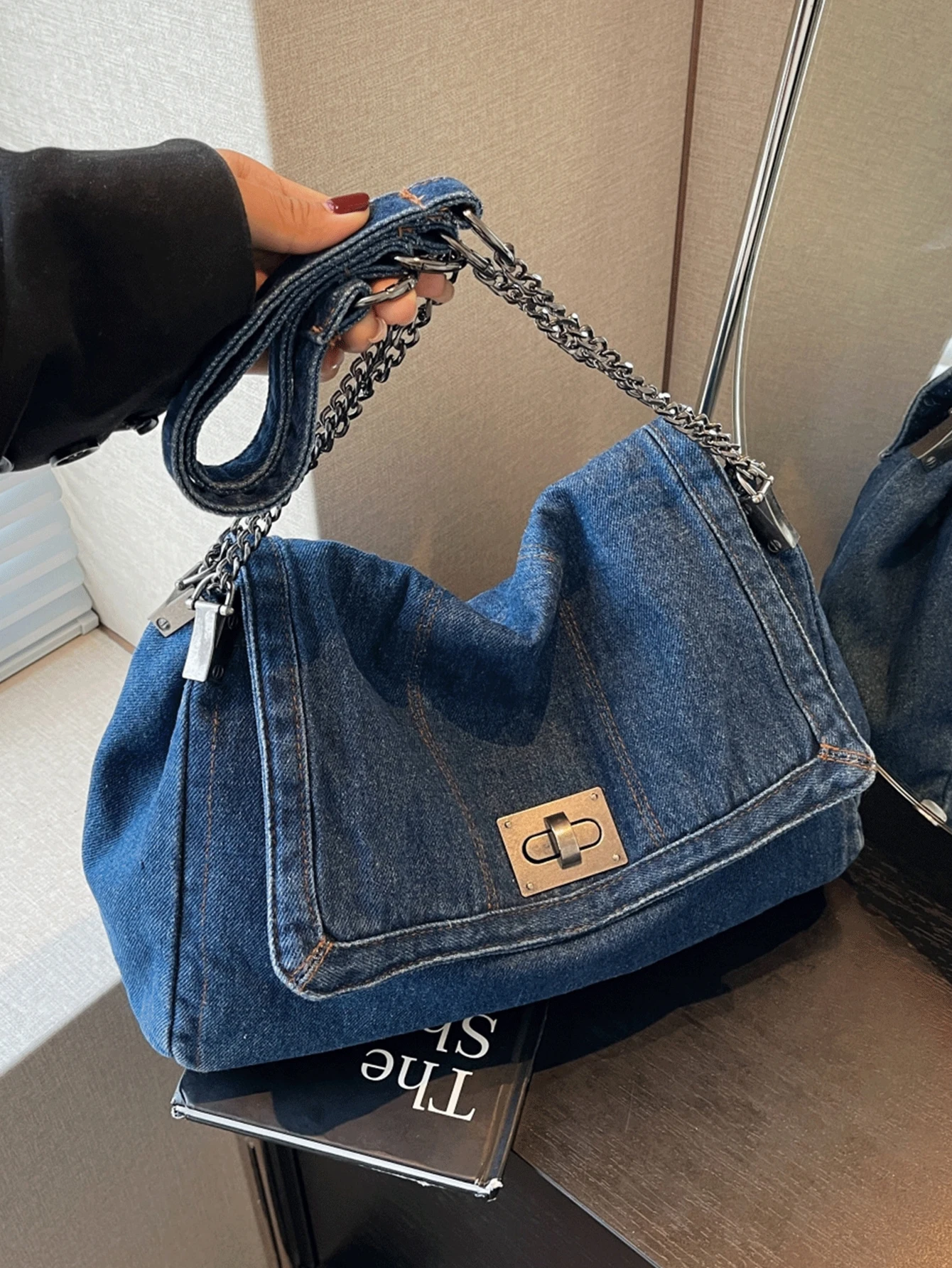 Retro Casual Denim Damen Tasche Neue Senior Kette Umhängetasche Große Kapazität Pendler Einkaufstasche – Detail 9