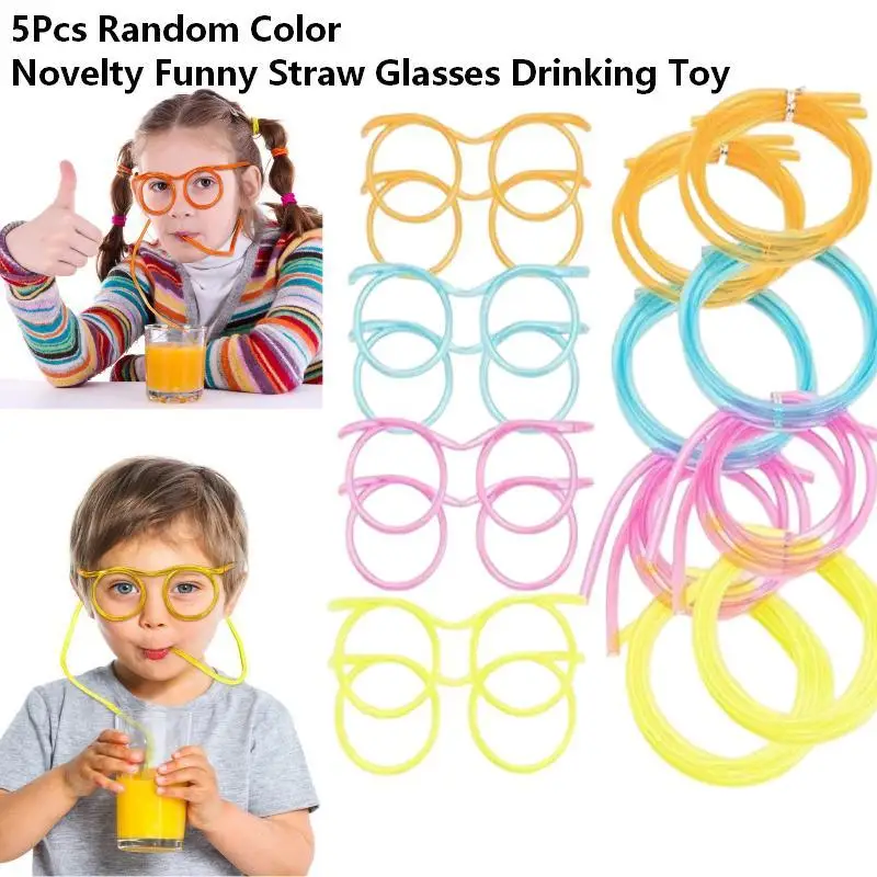 5Pcs Funny Eyeglass Shaped Drinking Straw DIY Flexible Plastic Straw Kid Birthday Party Game Home Beverage Drinking Accessories