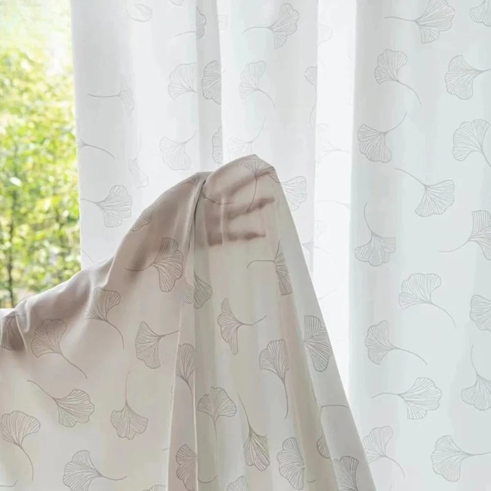 Solid Ginkgo Leaves White Sheer Curtains for Living Room and Bedroom,Jacquard Tulle Window Drapes Voiles Custom Made
