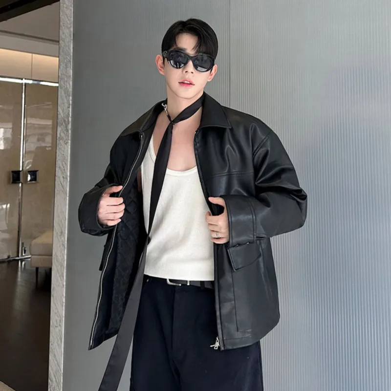 

SYUHGFA 2025 New Simple Men's Cotton Jackets PU Leather Turn-down Collar Zipper Lager Pocket Solid Color Loose Male Coats Korean