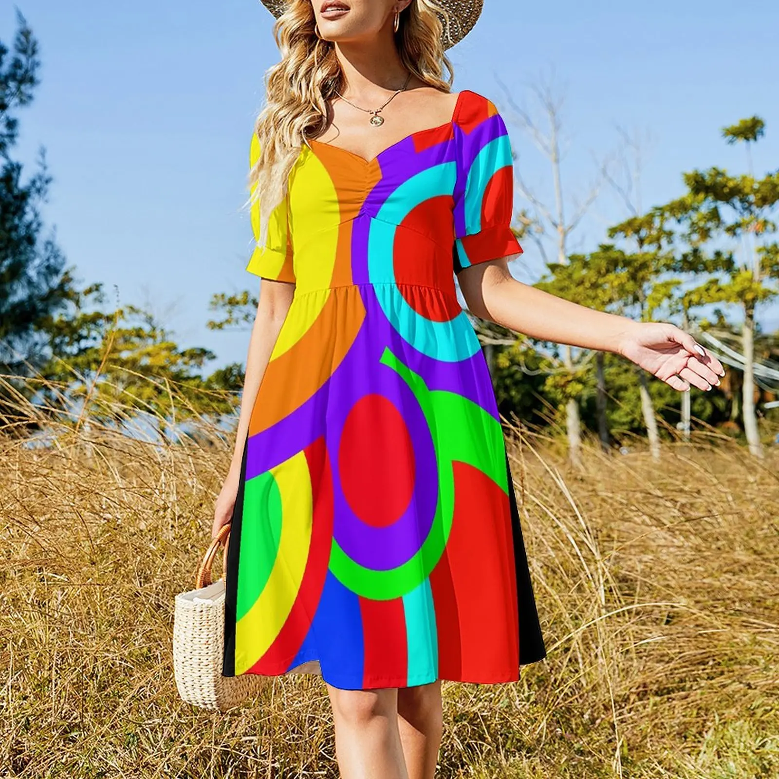 colorful circular retro sixties pop art pattern Short-Sleeved Dress Casual dresses dress summer 2025 women dress party night