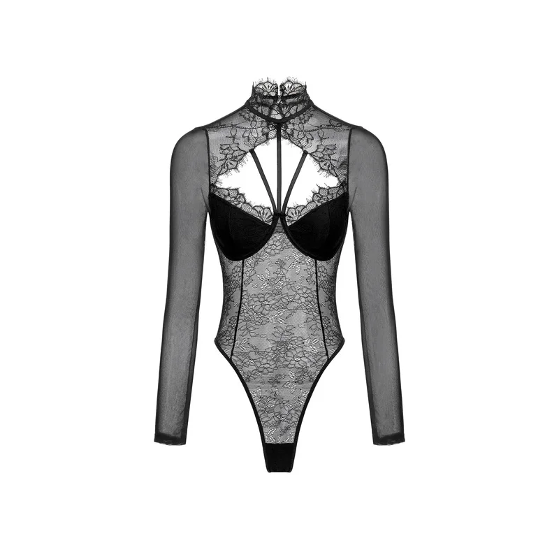

Sleek Fitted Bodice Sexy Lace See Through Long Sleeve Bodysuit Y2K Stretch Shirt Push Up Bra Padded Slim Top One-Pieces Lingerie