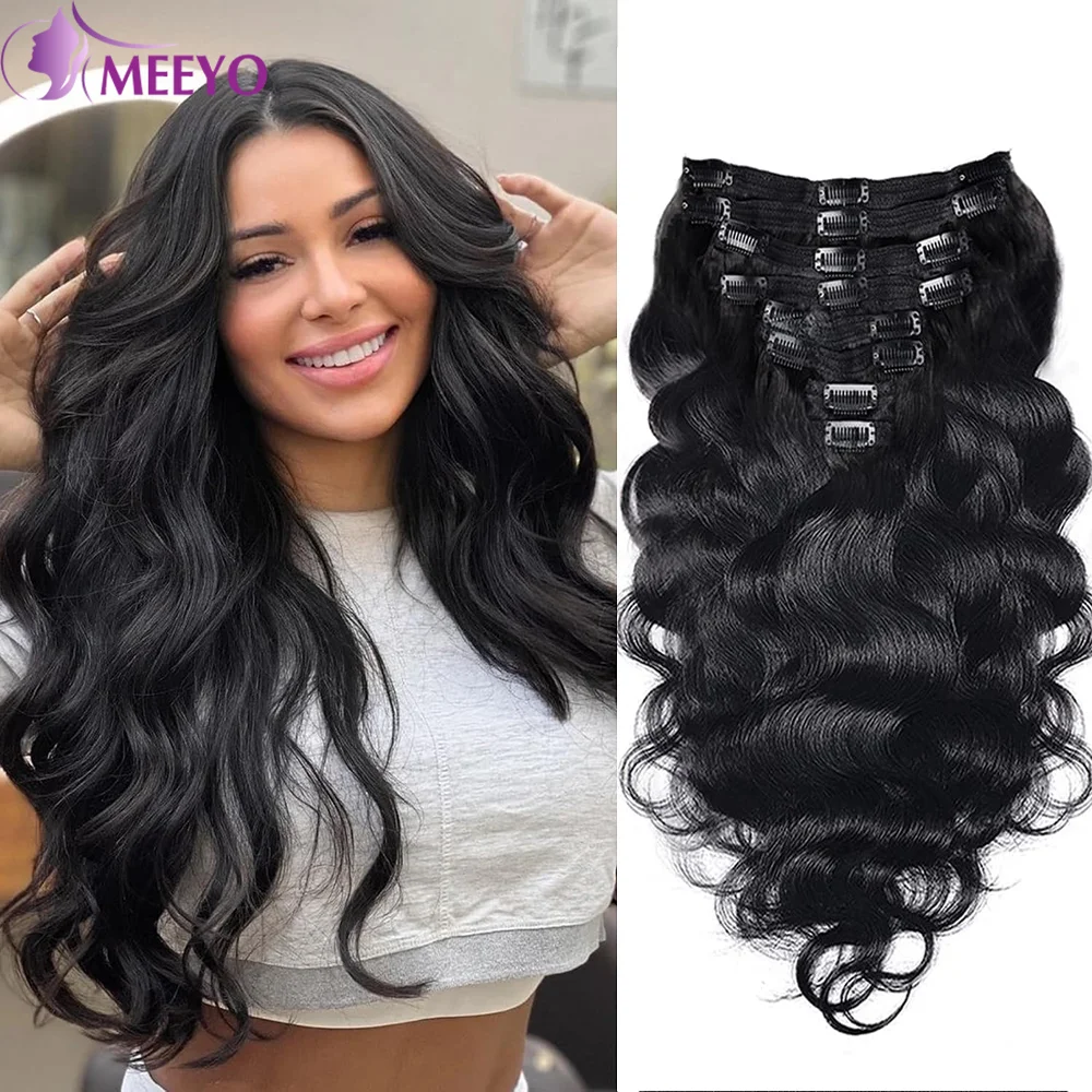 Clip In Hair Extension Human Hair Natural Black Color Body Wave Full Head Brazilian 100% Human Hair Extensions 16 To 26 Inch #1B