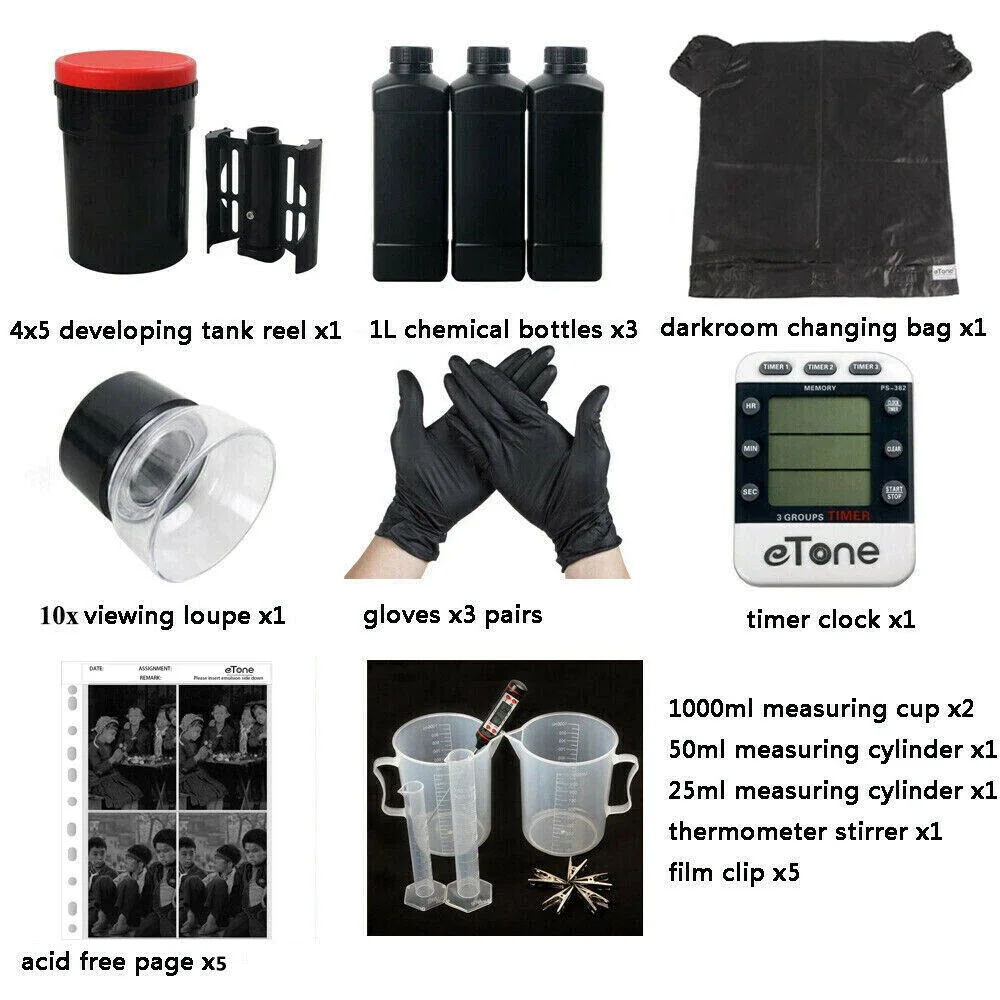 eTone 4x5 Film Developing Kit Darkroom Developing Tank Film Changing Bag Acid-free Storage Bag Chemical Bottles Film Drying Clip