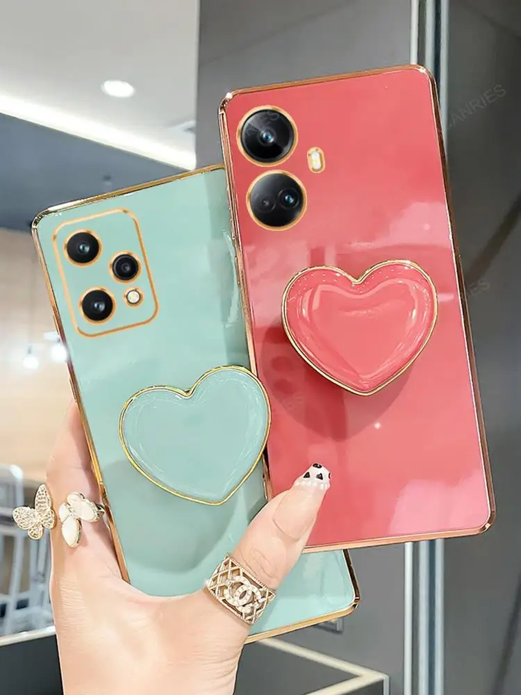 Realme 9 8 7 5 pro Love Heart Phone Holder Luxury Plating Case For oppo realme 10 pro plus 5i 8i 9i 4g 5g Stand Silicone Cover