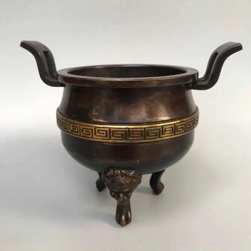Vintage Pure Copper Gilt with Pattern, High Three-legged Ruyi Ear Burner, Sandalwood Incense Holder for H