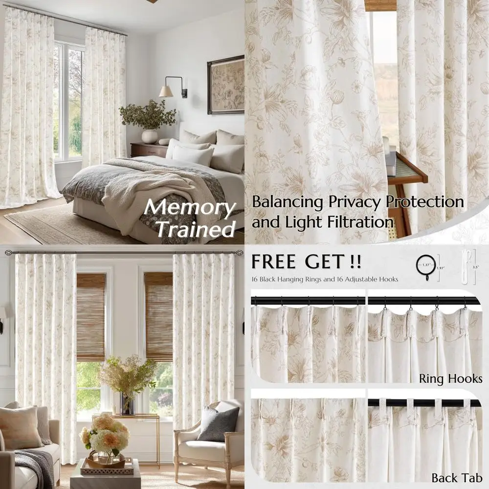 

Плиссированные льняные шторы с цветочным узором, 84 дюйма в длину, кофейно-бежевые с пионами, для гостиной, светопропускающие, подходят для больших окон