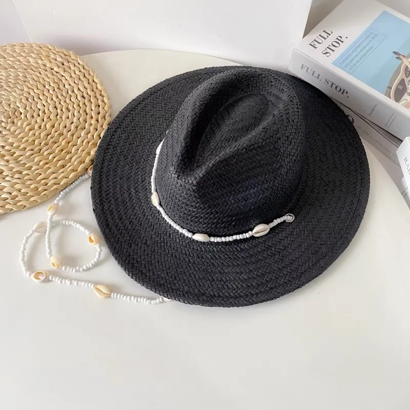 Summer Panama Hats For Women Sun Hat With Long Shell Conch Chain Straw White Black Jazz Caps Men Vintage Fedora Designer Hats