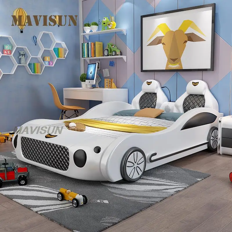 Children\'s Bed Boy With Guardrail Single Bed Sports Car Shape Car Bed All Solid Wood Frame Environmental Protection Leather Bed