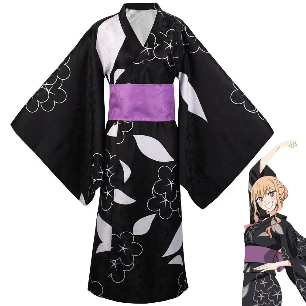 Disfraz de Cosplay de Anime My Dress-Up Daring Kitagawa Marin Yukata, Kimono Floral Negro con Cinturón Obi Morado, Traje para Fiesta de Halloween