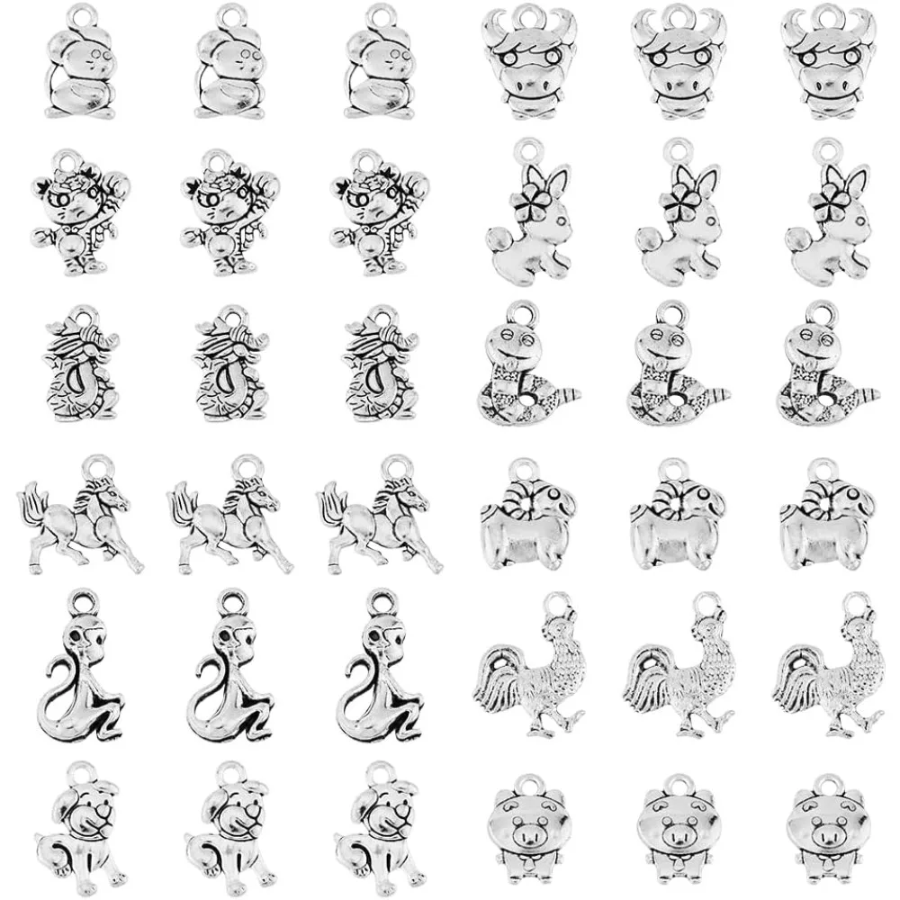 96Pcs 12 Styles Style Alloy Pendants 12 Chinese Zodiac Signs Charms Animal Theme Metal Pendants for Necklace Earring