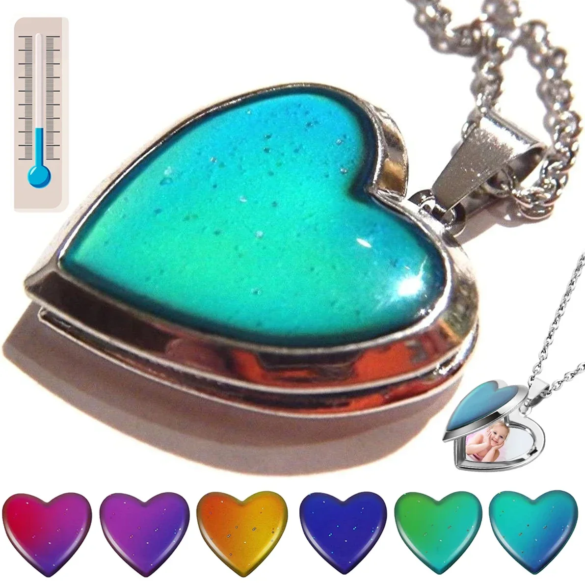 

Heart Mood Locket Necklace Color Changing Necklace Temperature Mood Stainless Steel Love Shape Photo Pendant Necklace Jewelry