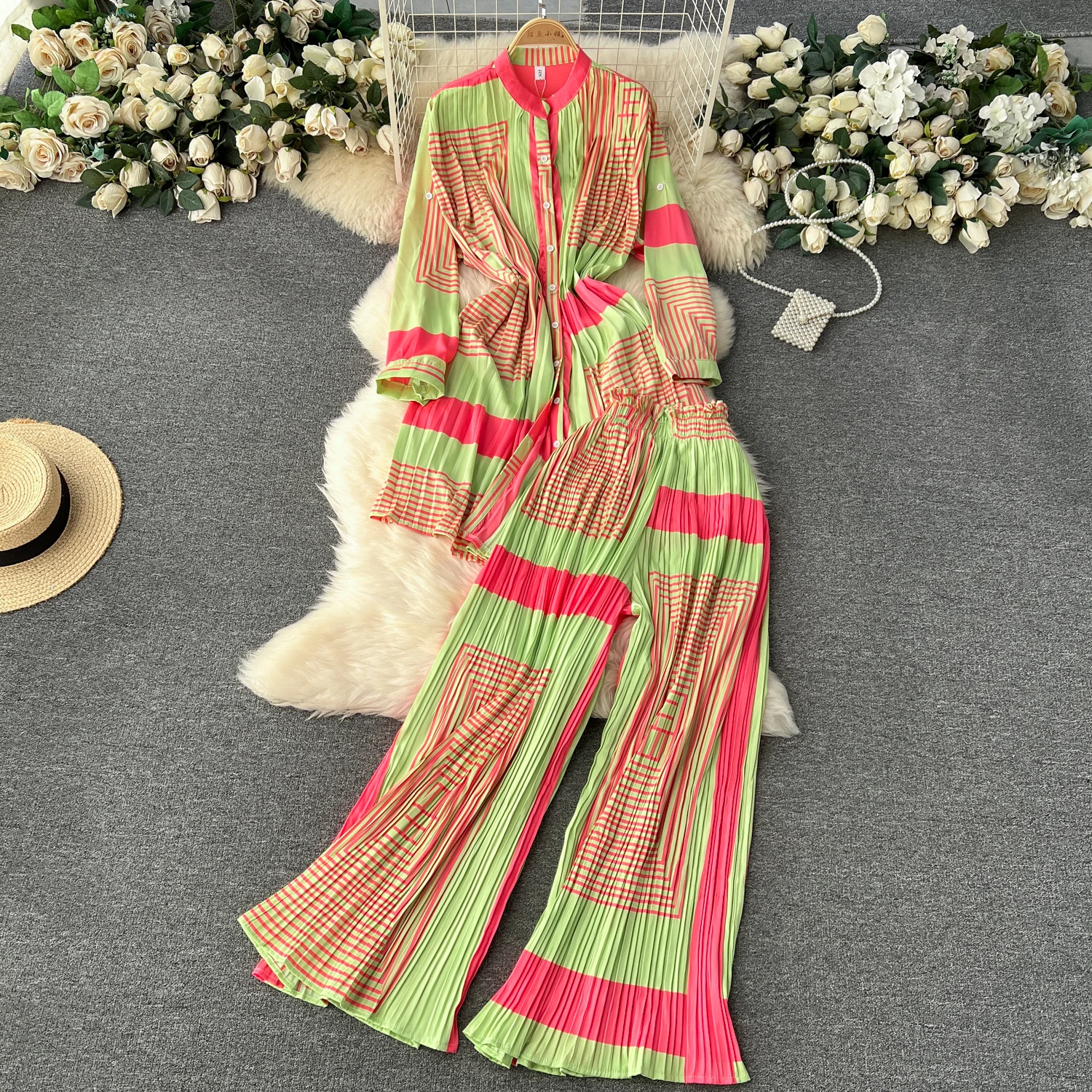 Autumn New Fashion European Lace Up Mid Length Print Top Dress Women\'s Elegant High Waist Casual Wide Leg Pants Two Piece Set