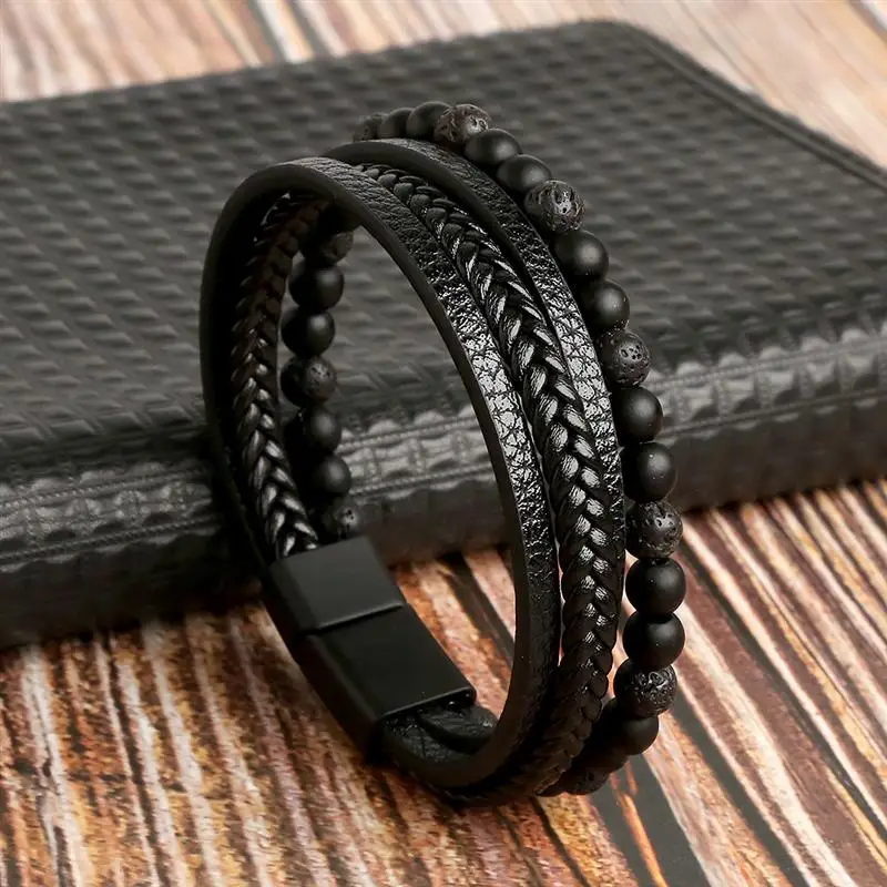 19/21/23Cm Handgeweven Lederen Armband Van Hoge Kwaliteit Meerlagige Tijgeroog Kralen Leren Mannen Armband Punk Armband Voor Mannen Sieraden