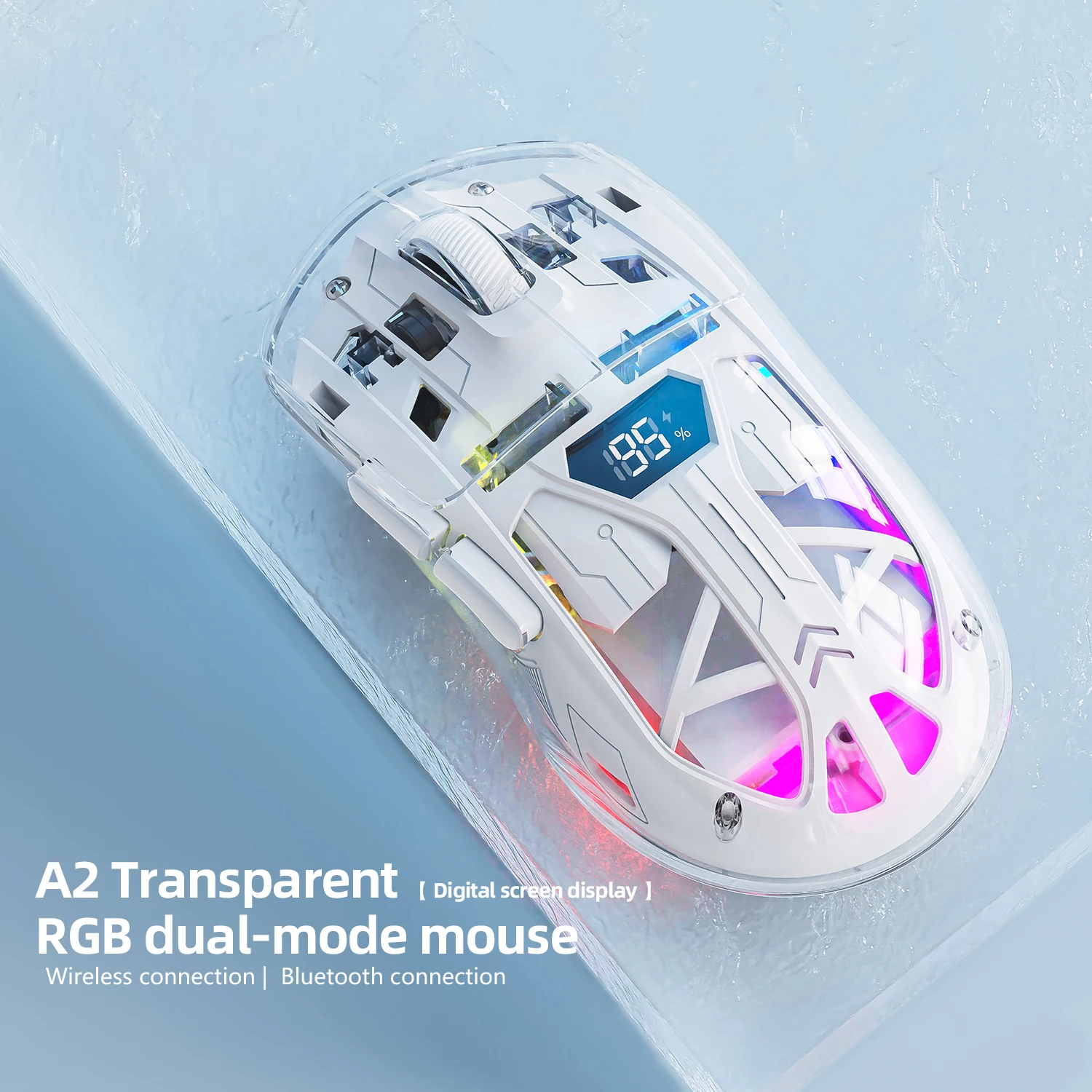

A2 RGB Wireless Mouse,Bluetooth Dual-mode Connection ,Transparent Digital display ,Win/Mac
