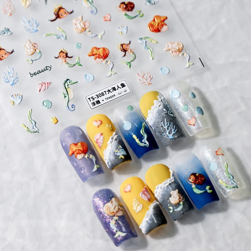 Cartoon Mermaid Coral Seagrass Conch 5D Soft Embossed Reliefs Nail Art Stickers Starfish Dolphin Whale Manicure Decals Wholesale