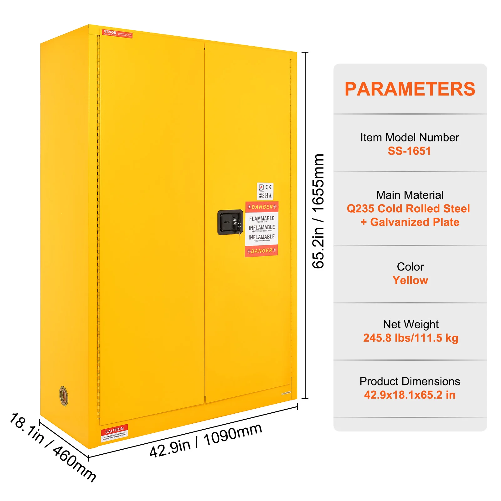 VEVOR Flammable Safety Cabinet 45/50 Gal Cold-Rolled Steel Flammable Liquid Storage Cabinet Explosion Proof w/ Adjustable Shelf