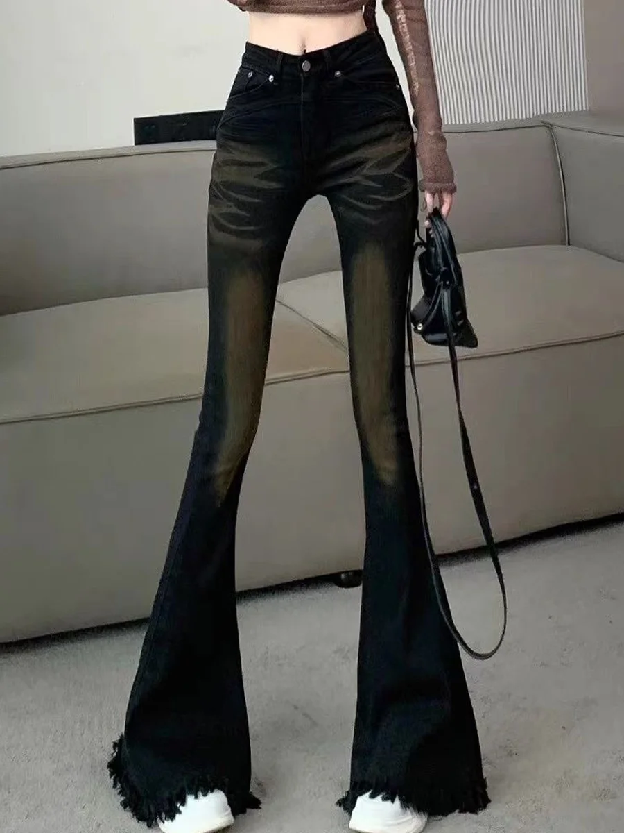 Korean Style Faded Micro Flared Jeans Women's Autumn New Slim High Waist Elastic Washed Black Grey Flared Pants