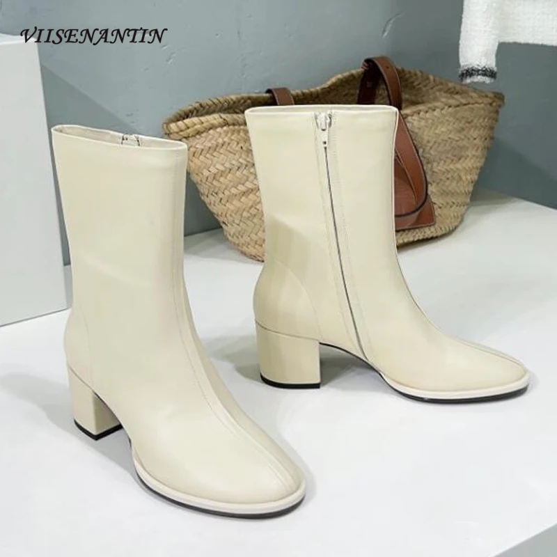 

Classical Boots Women Round Toe Square Heel Zip Mid Calf Boots Runway Shoes Genuine Leather Handmade High Quality Women Footwear