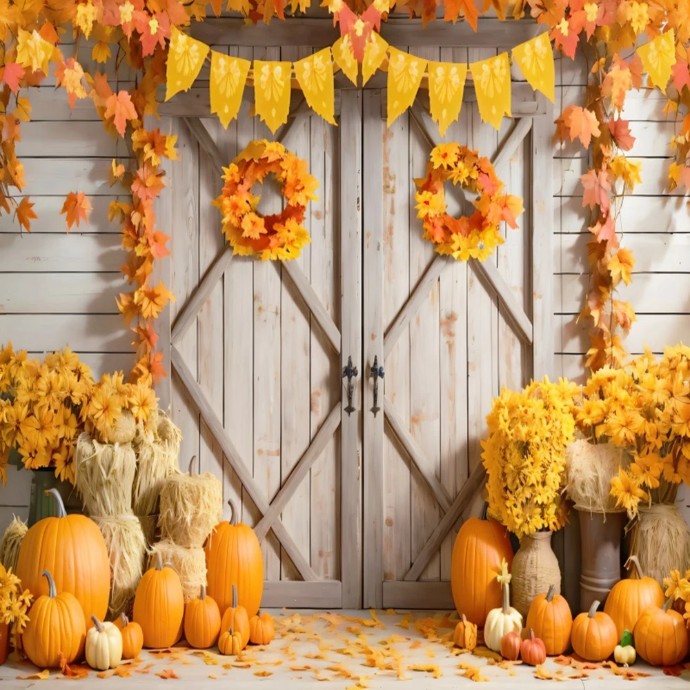 Осенний фон деревянный сарай дверь тыквы блестящие огни кленовые листья стог сена День Рождения Вечеринка ребенок портрет фотография фон