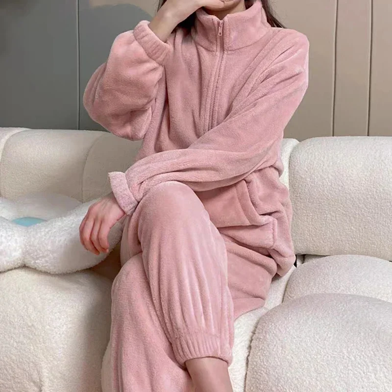 Fall Winter Casual Mock Neck Warm Fleece Sets Women Home Velvet Thermal Sets Women Warm Pullover And Pants Sets