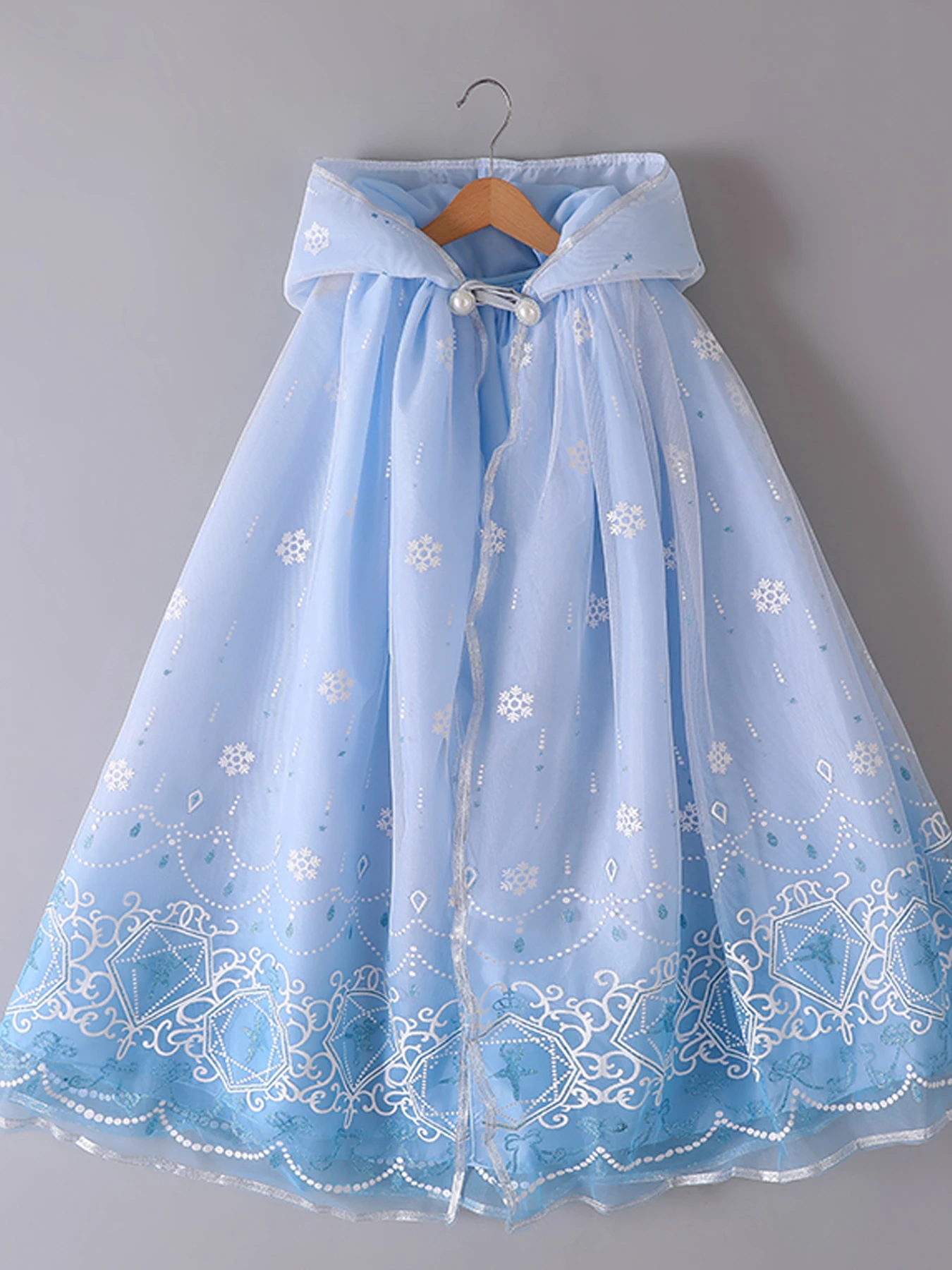 

Girls Blue Tulle Cloak with Button Hood Princess Mesh Sunscreen Cloak for Seashore Vacation Snowflake Print Pattern