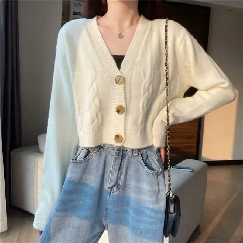 

Autumn Winter Short High Waist Solid Color Sweater Women Single-breasted Knit Cardigan Small Sweter Women Jacket New Top Femme