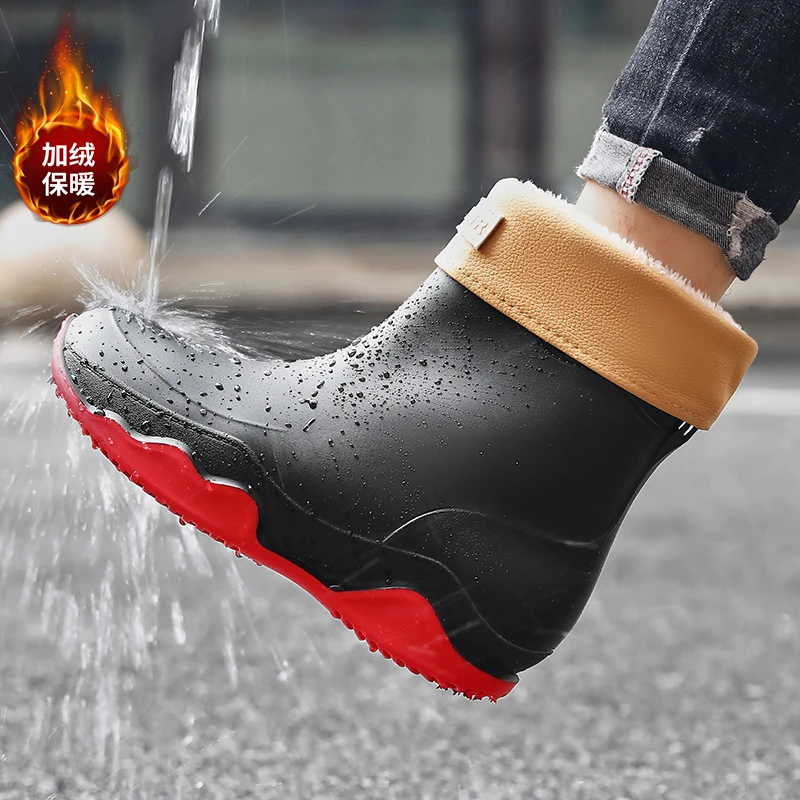 

Men's and women's warm and fashionable rain boots with added fleece, chef's work shoes, rain boots, waterproof casual shoes