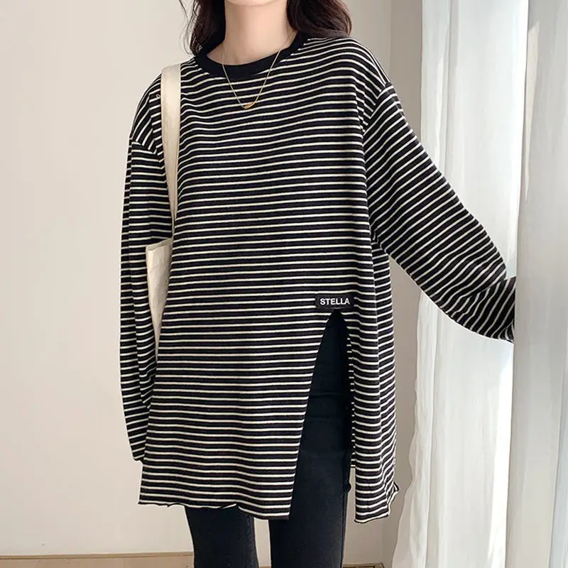 Spring Autumn New Split Hem Striped Tops Tees Long Sleeve O-Neck Loose Plus Size Pullovers Casual Vintage Women Clothing M-4XL