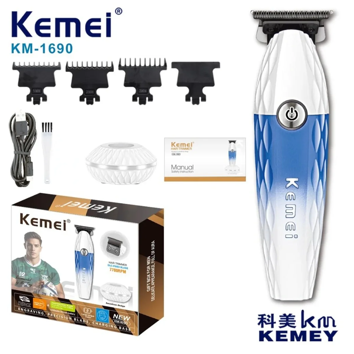 

Kemei Barber Shop Professional Cordless Hair Clipper Zero Gapped Rechargeable Hair Trimmer Electric Hair Cutting Machine for Men