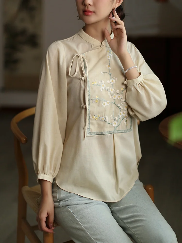 

Новая китайская вышитая блузка в стиле Цзяннань, удлиненная, для чайной церемонии, повседневная, дышащая