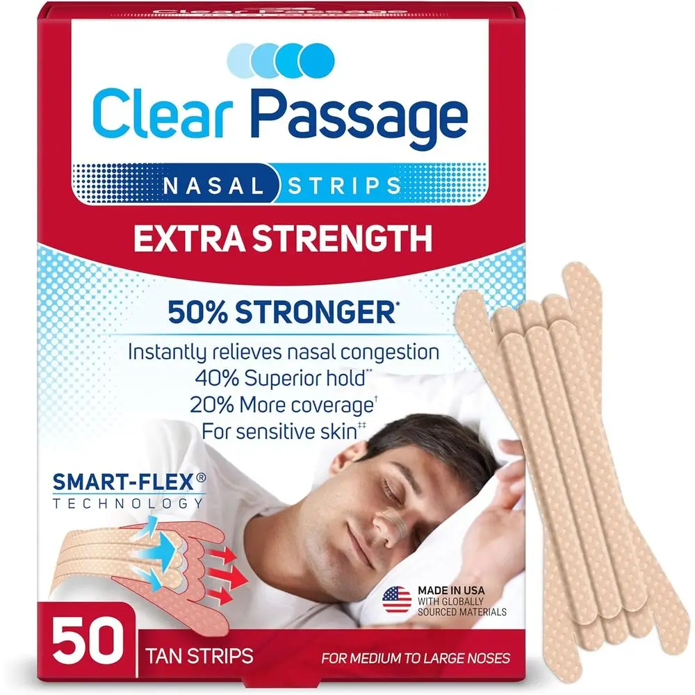 

Extra Strength Tan Nasal Strips, 50 Pack | Enhance Sleep, Minimize Snoring, Alleviate Congestion from Colds & Allergies