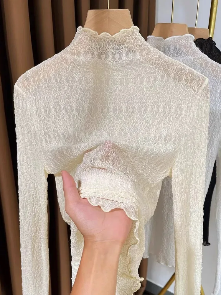 

Spring Autumn Lace Hollow out Thin Long Sve f High Collar Base irt Women's Cotton Blend Casual Wear Everyday Top