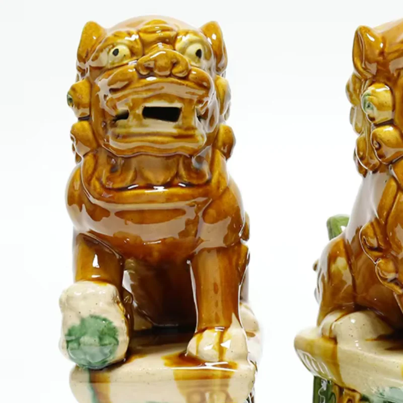 Sancai Ceramic Foo Dogs Pair, Tang Dynasty Style Guardian Lion Statues, Feng Shui Protection Ornaments for Home Decor