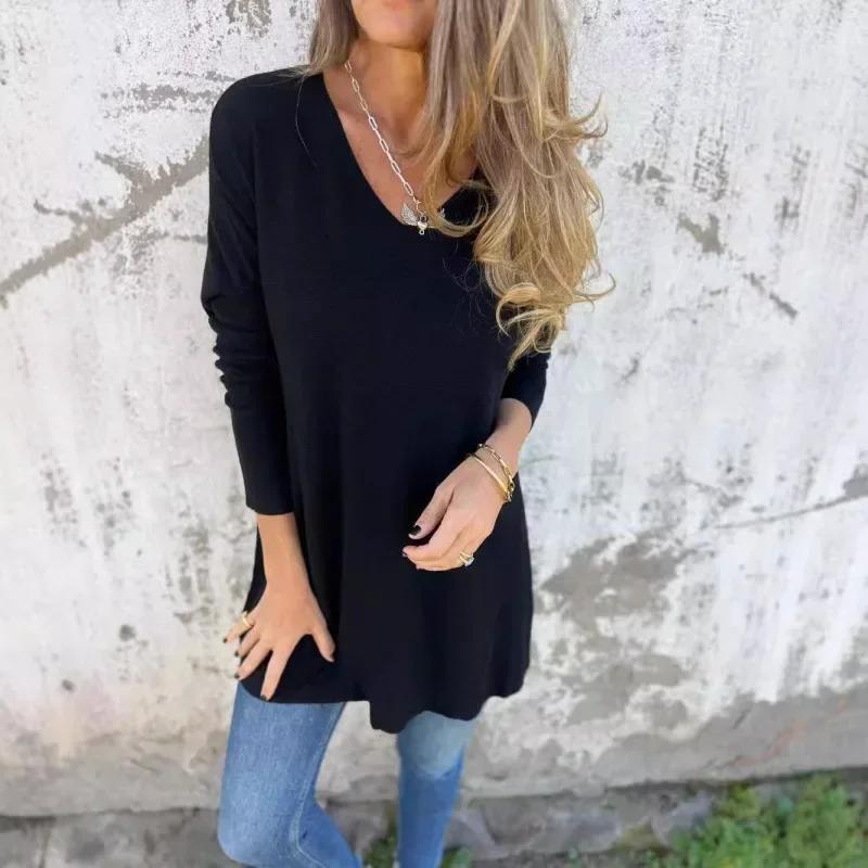 

2025 Autumn Winter Solid Color V-Neck Knitted Top Lose-Fit Women's Clothing Independent Station Europe and America