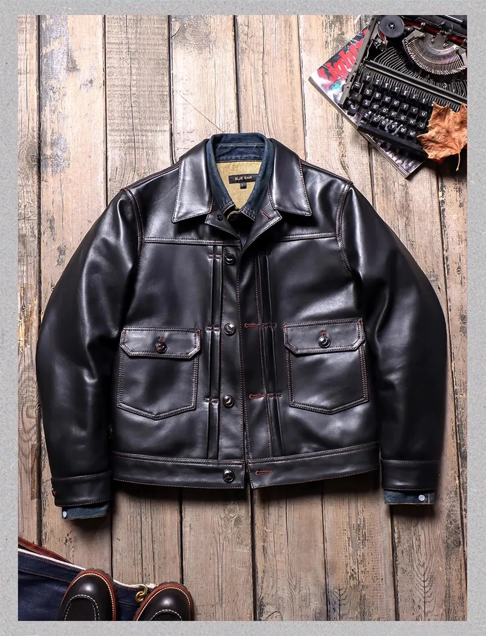 Free shipping.Classic Western denim jacket.quality Italian calf leather coat.Retro 507XX casual work cloth.100% real