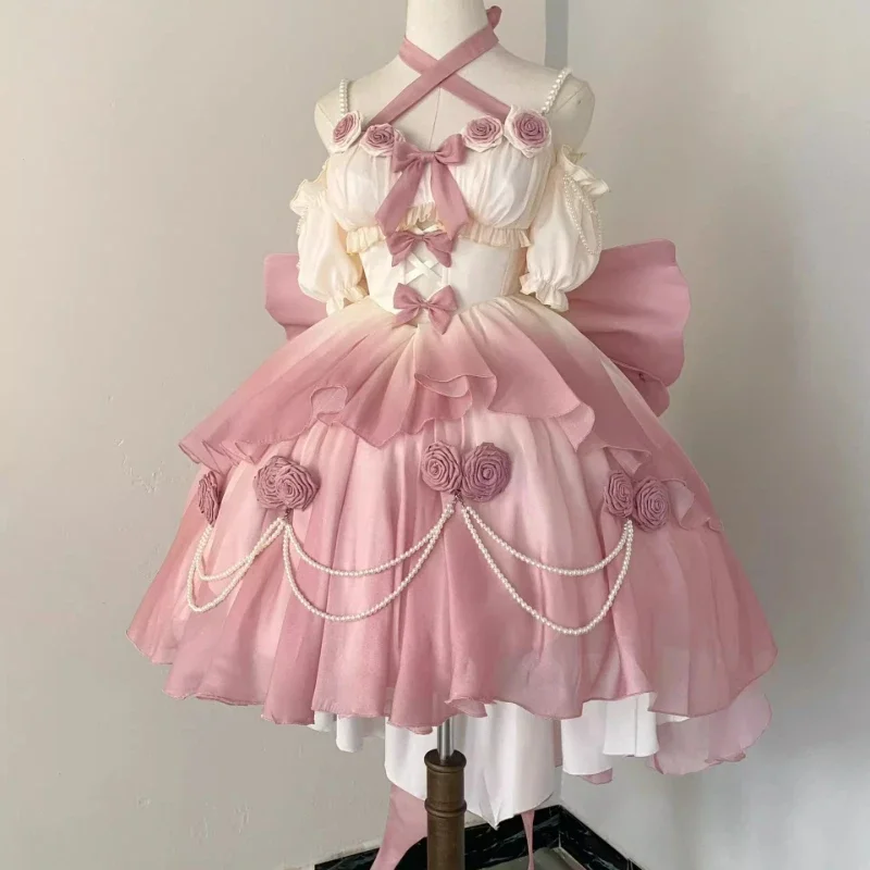 

2024 Fashion Vintage Lolita Dress Sweet Bow Pearl Chain Ruffled Rose Dress Gradient Pink Princess Dress