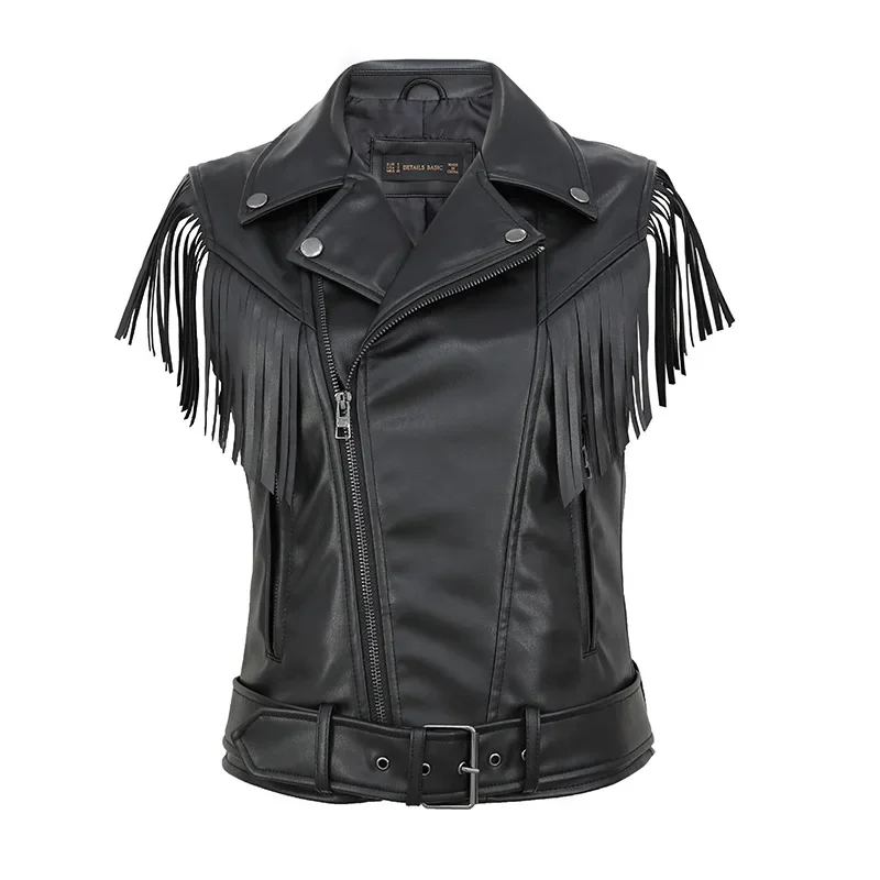 

Vintage Women Soft PU Zipper Lapel Tassels Vest Female Faux Sheepskin Coat Moto Biker Waistcoat Sleeveless Leather Jacket