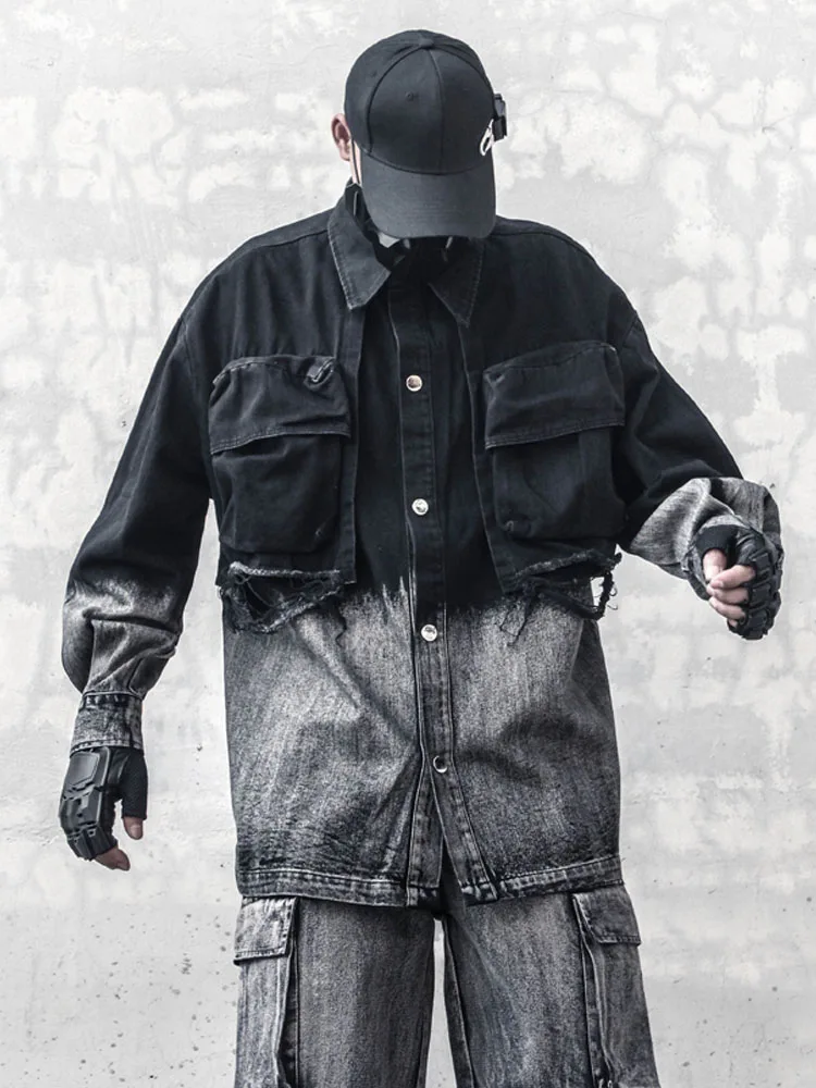 

Avant-Garde Gradient Denim Coat Men's Techwear Style Streetwear Fall Jacket Casual Trend Lapel Shirt