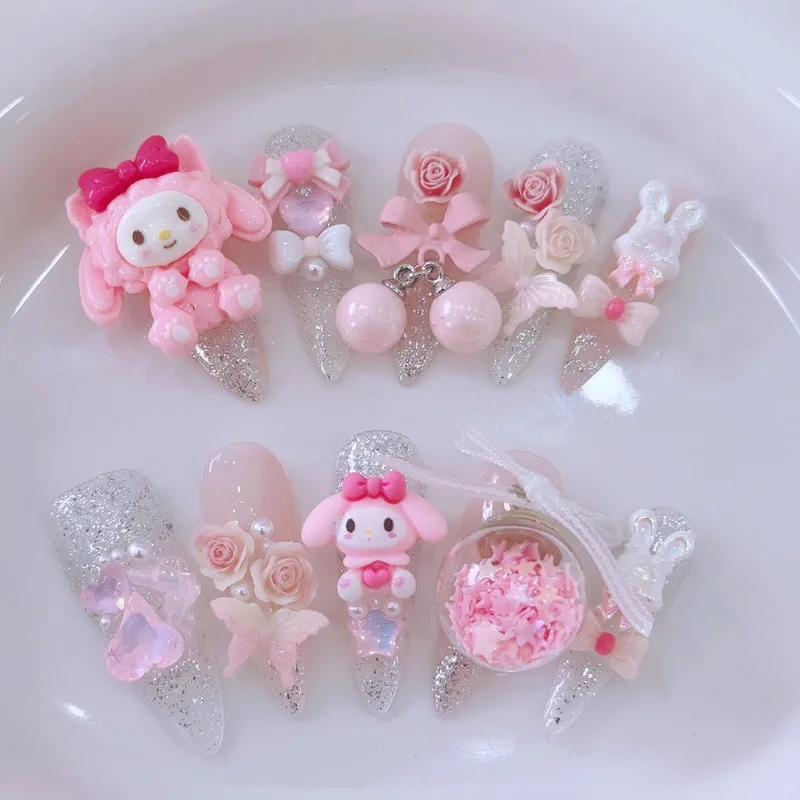 

Handmade False Nails Pink HelloKitty &Melody Cartoon Charm Cute Decor Press on Nails Removable Sweet Girl DIY Manicure Nail Art