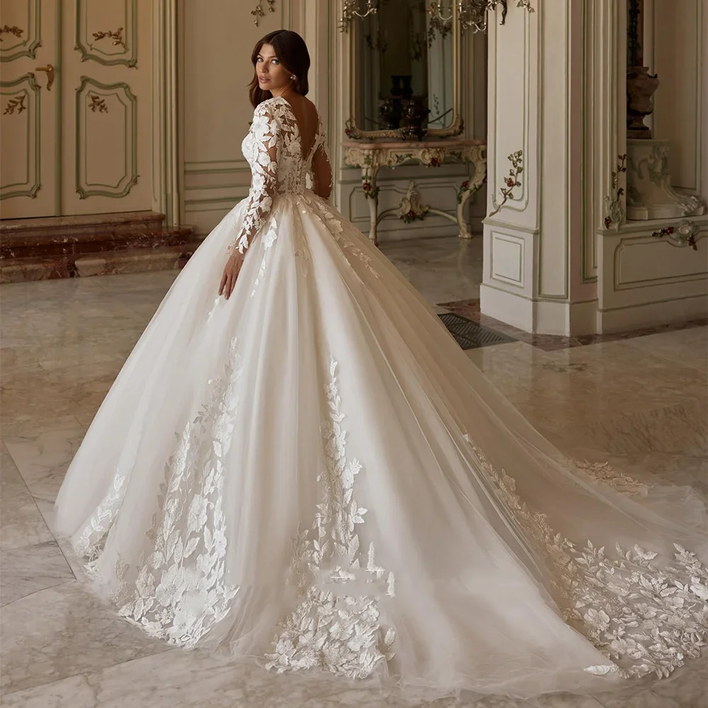 Aangepaste baljurk trouwjurken elegante lange mouwen diepe v-hals applique sweep trein robe de mariee bruid bruidsjurken