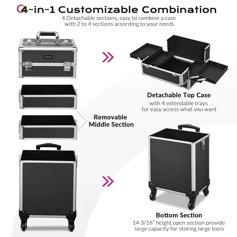 Rolling Makeup Train Case 4in1 Cosmetic Trolley Organizer Travel Case Lockable Salon Barber Case Traveling Cart Trunk