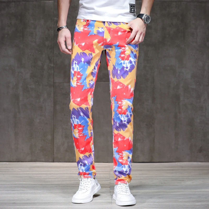 

Colorful printed jeans men's fashion party trendy unique slim stretch casual handsome trousers2024new