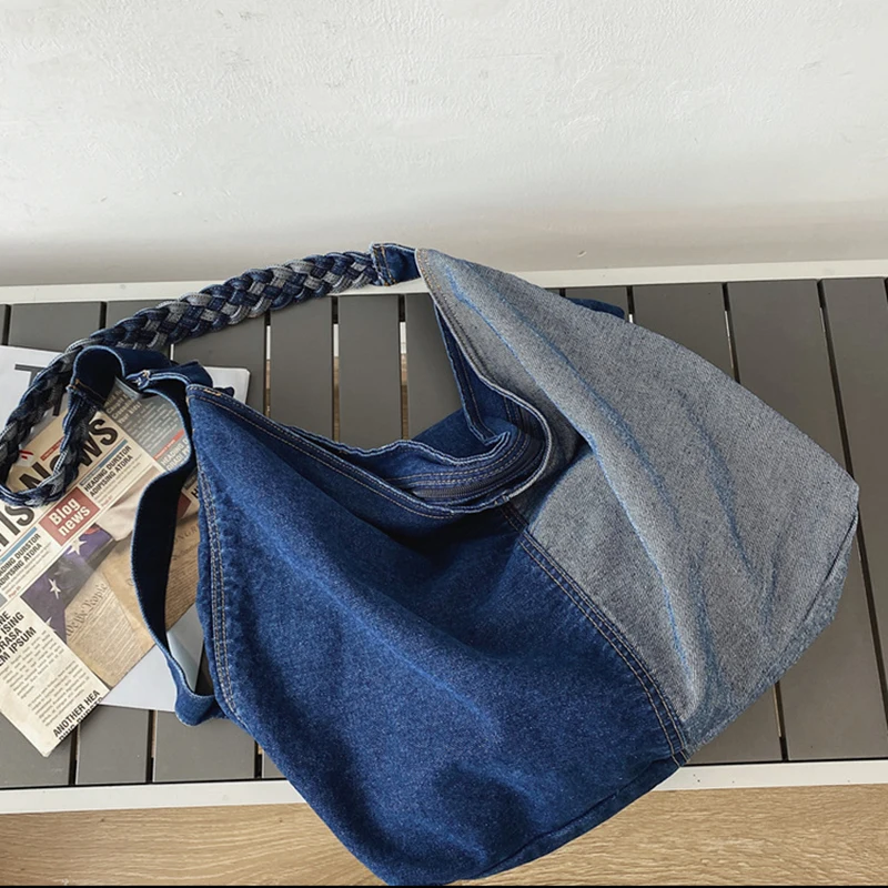 Borsa a tracolla di grande capacità per donna borse a tracolla Patchwork oversize borsa a tracolla di tendenza borsa a tracolla intrecciata in Denim