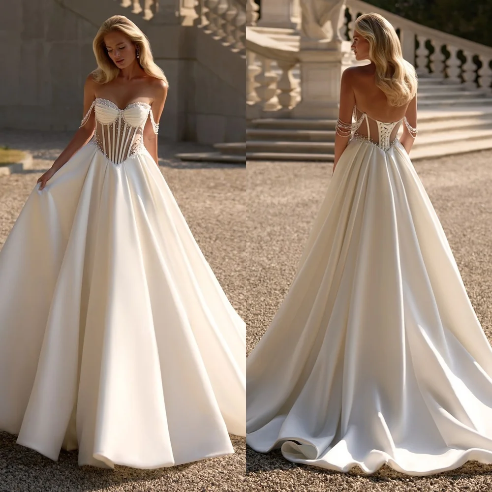 ที่กําหนดเองสีขาวซาตินชุดแต่งงานโรแมนติก Strapless แขนกุดเจ้าสาวอารมณ์ Lace Up กลับ Vestido De Novia