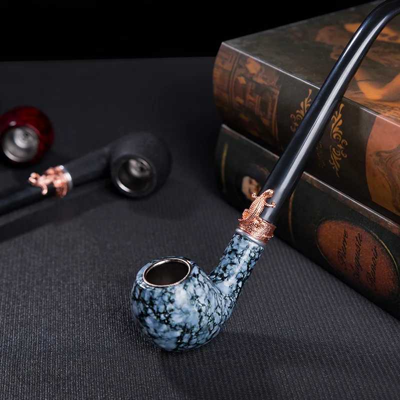 Classic Long Smoking Pipe with Decorative Ring, Smoking Accessories,Tobacco Pipe,Bent Resin Wood Tube, Gift for Father, 3 Colors