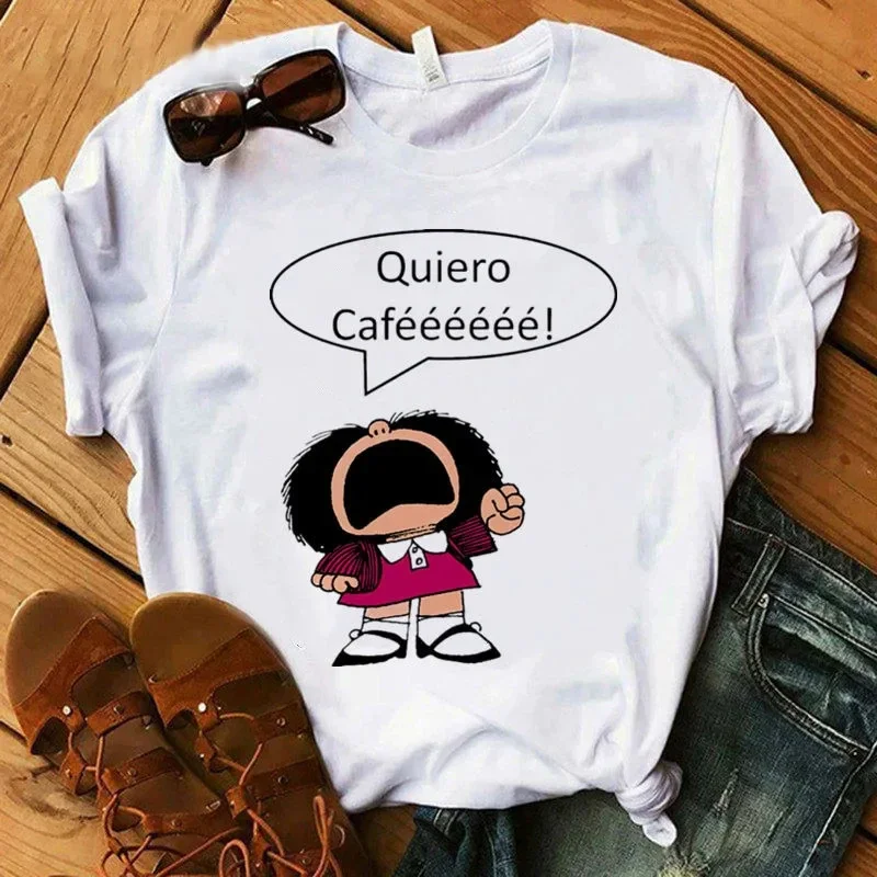 PAZ Mafalda o QUIERO Cafe, nuevas Camisetas estampadas para Mujer, Camisetas Harajuku para Mujer, ropa, Camisas para Mujer, camiseta superior para niñas